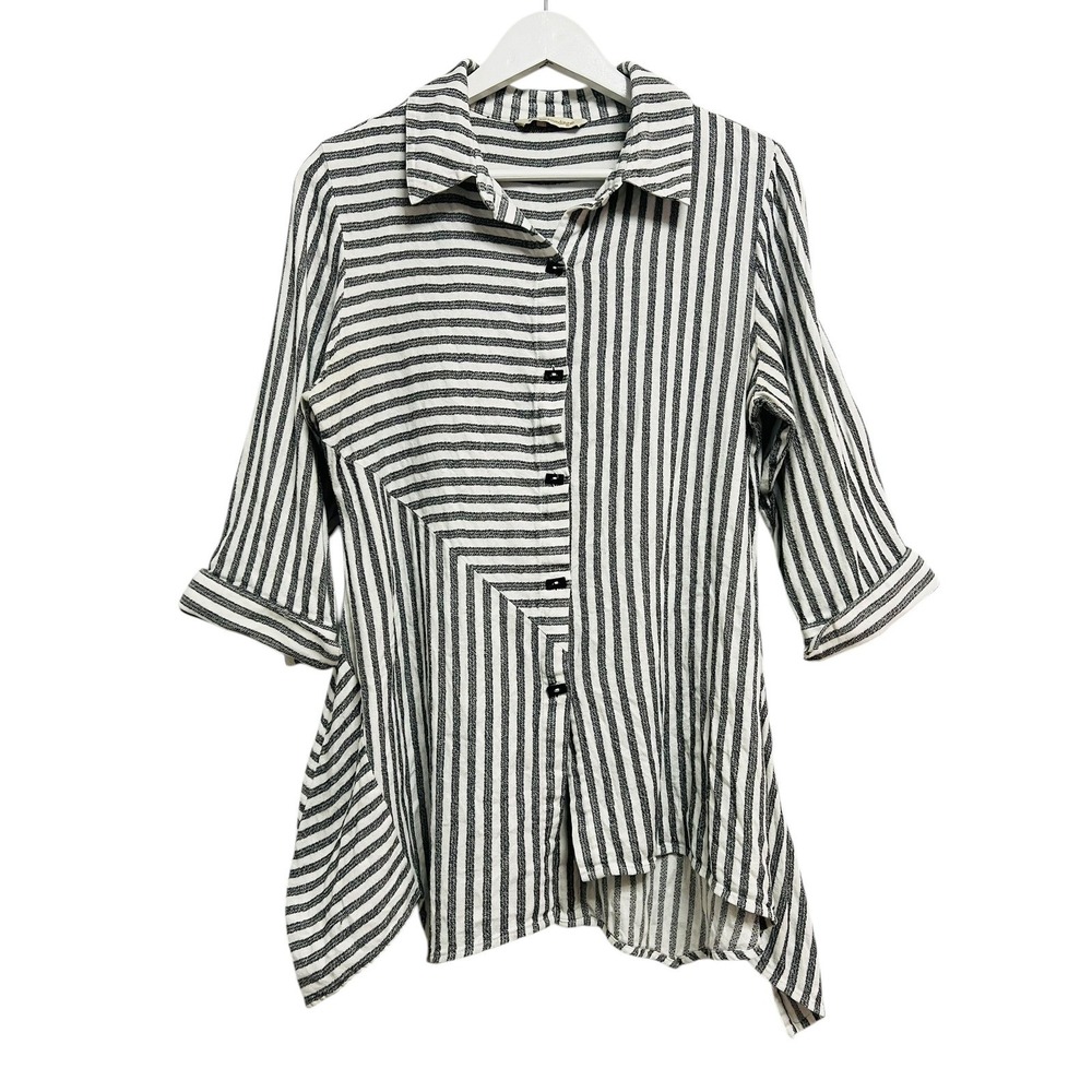 Soft Surroundings Tunic Women S/M Black White Striped Sharkbite Hem Lagenlook